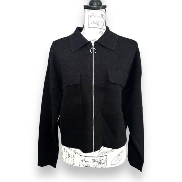 New Elie. Tahari Black Heavyweight Sweater Collar Zip Pockets Medium MSRP $138 - Picture 2 of 5